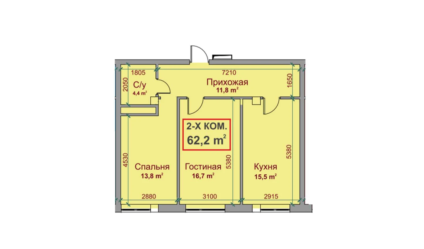 2-комнатная квартира 62.2 м²  4/4 этаж