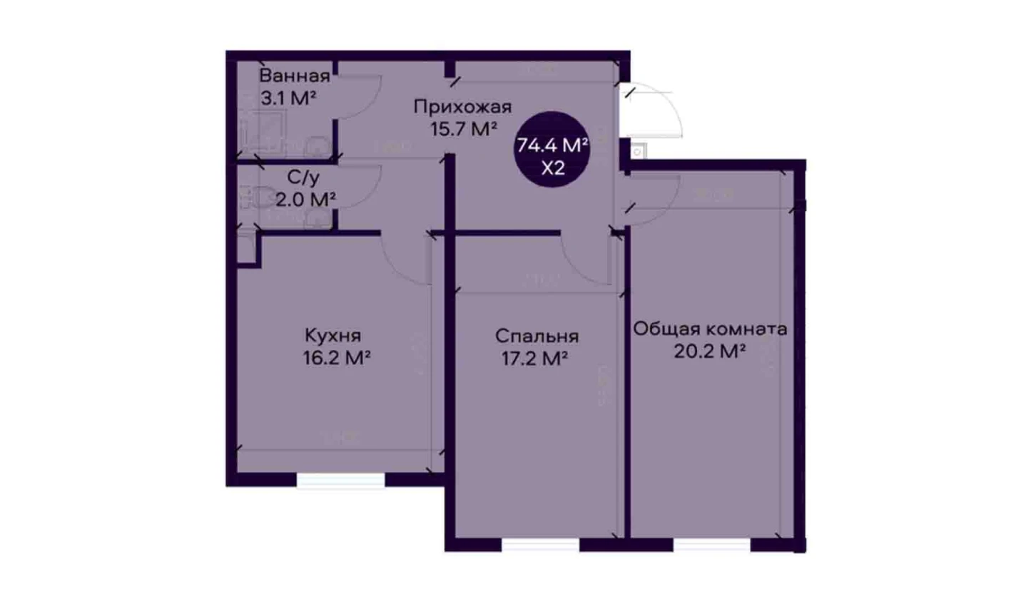 2-комнатная квартира 74.4 м²  1/1 этаж