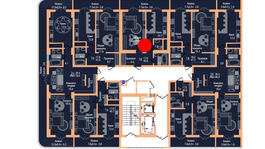 1-комнатная квартира 45.6 м²  3/3 этаж