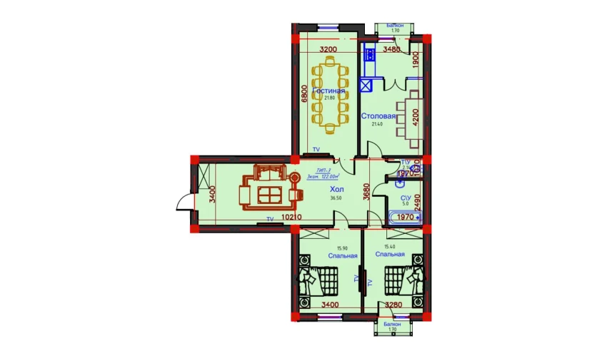 3-комнатная квартира 122 м²  6/10 этаж | Жилой комплекс AFROSIYOB