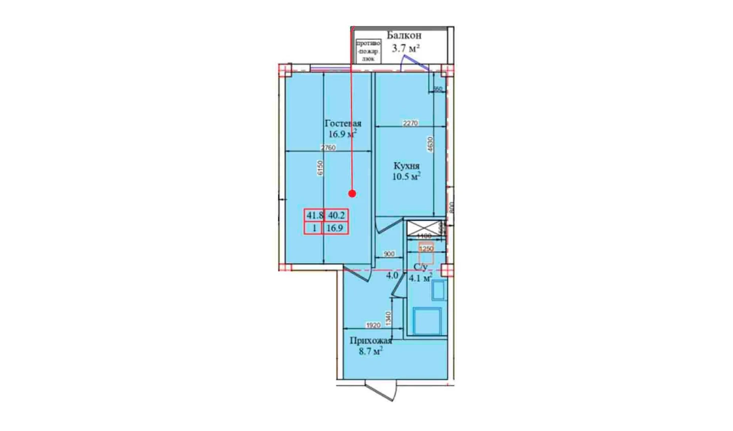 1-xonali xonadon 41.8 m²  6/6 qavat