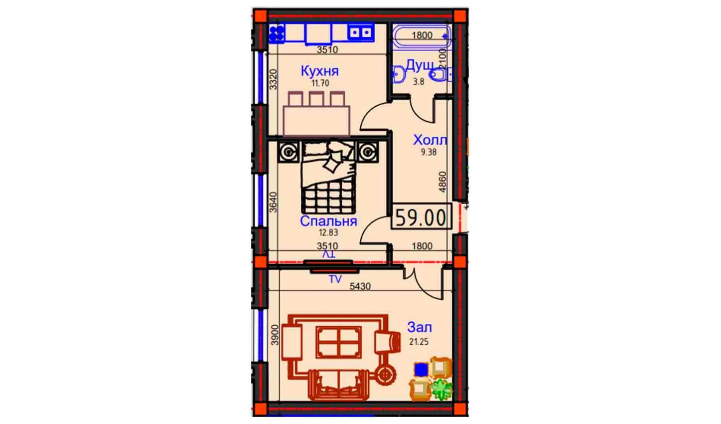 2-xonali xonadon 59 m²  1/1 qavat