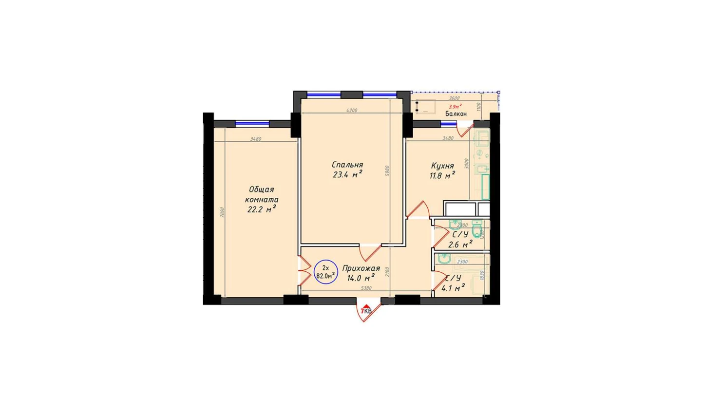 2-комнатная квартира 82 м²  14/14 этаж