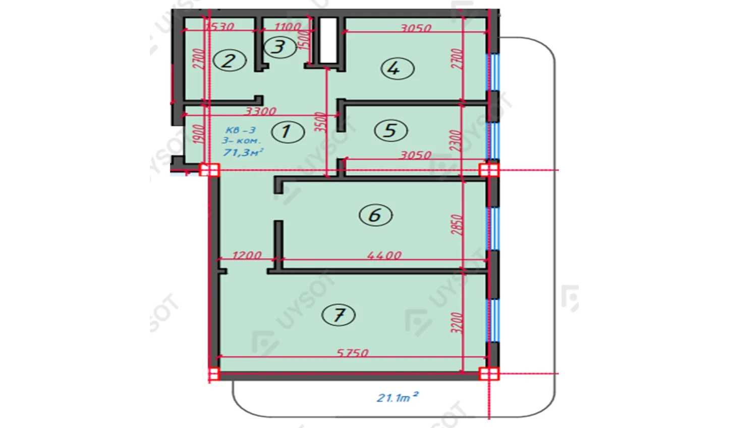 3-комнатная квартира 71.3 м²  3/3 этаж