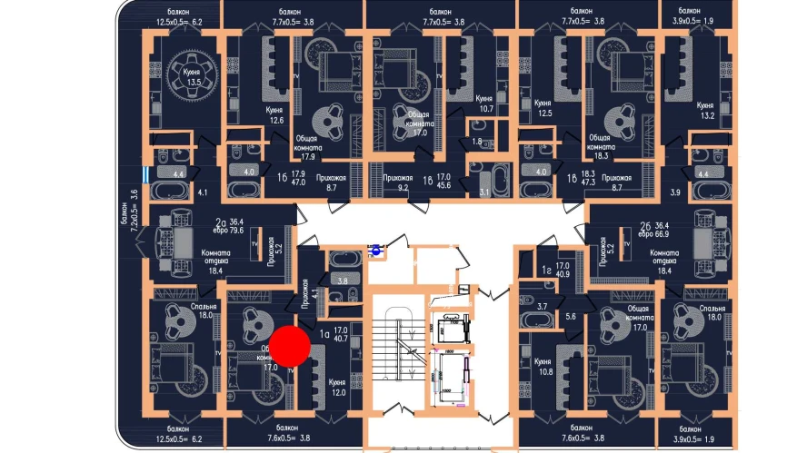 1-xonali xonadon 40.7 m²  7/7 qavat