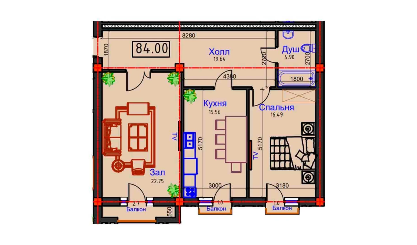 2-комнатная квартира 84 м²  3/3 этаж