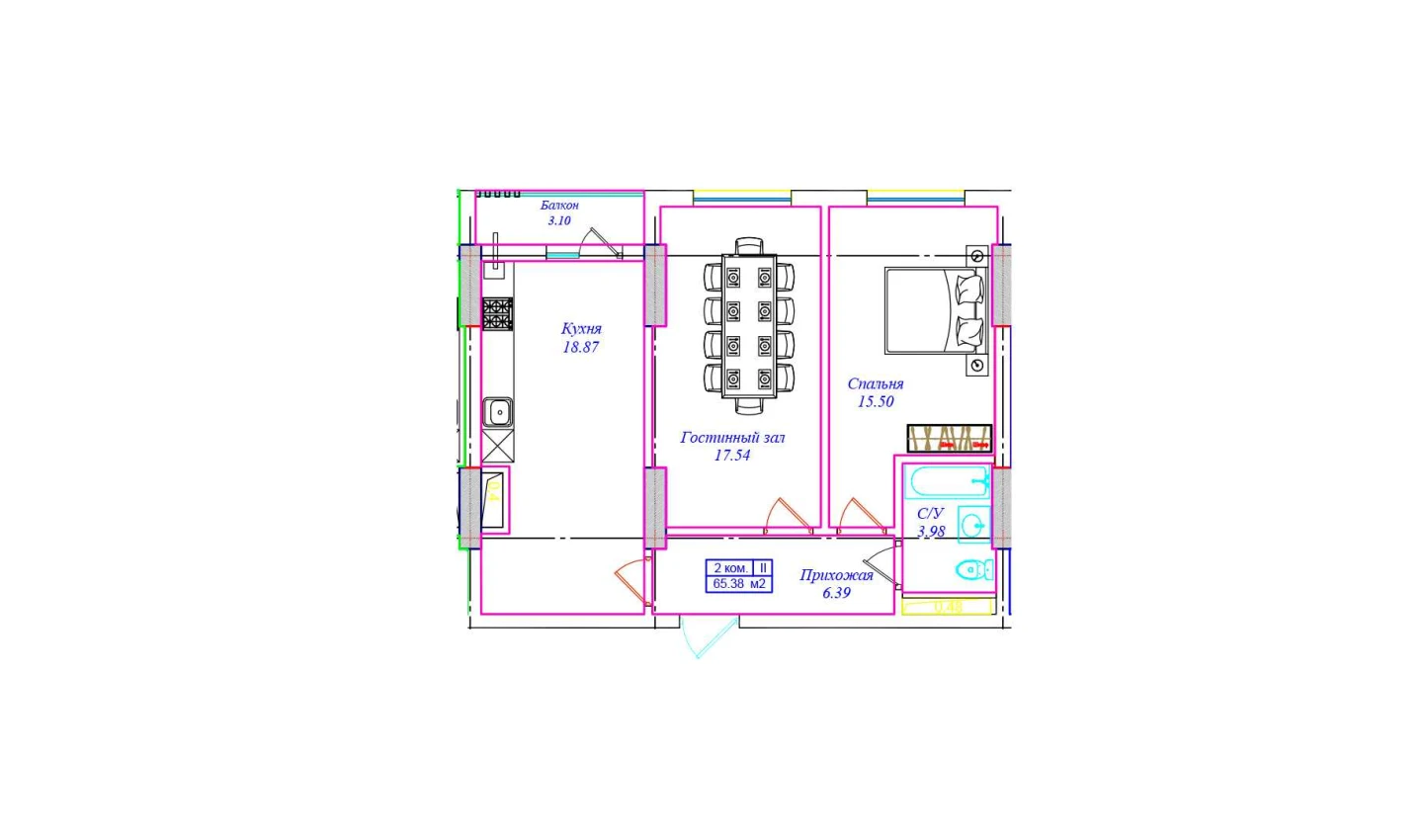 2-xonali xonadon 65.38 m²  6/6 qavat