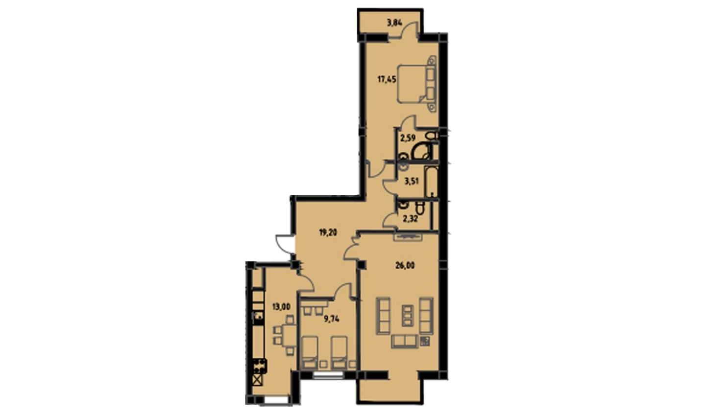 3-комнатная квартира 96.14 м²  4/4 этаж