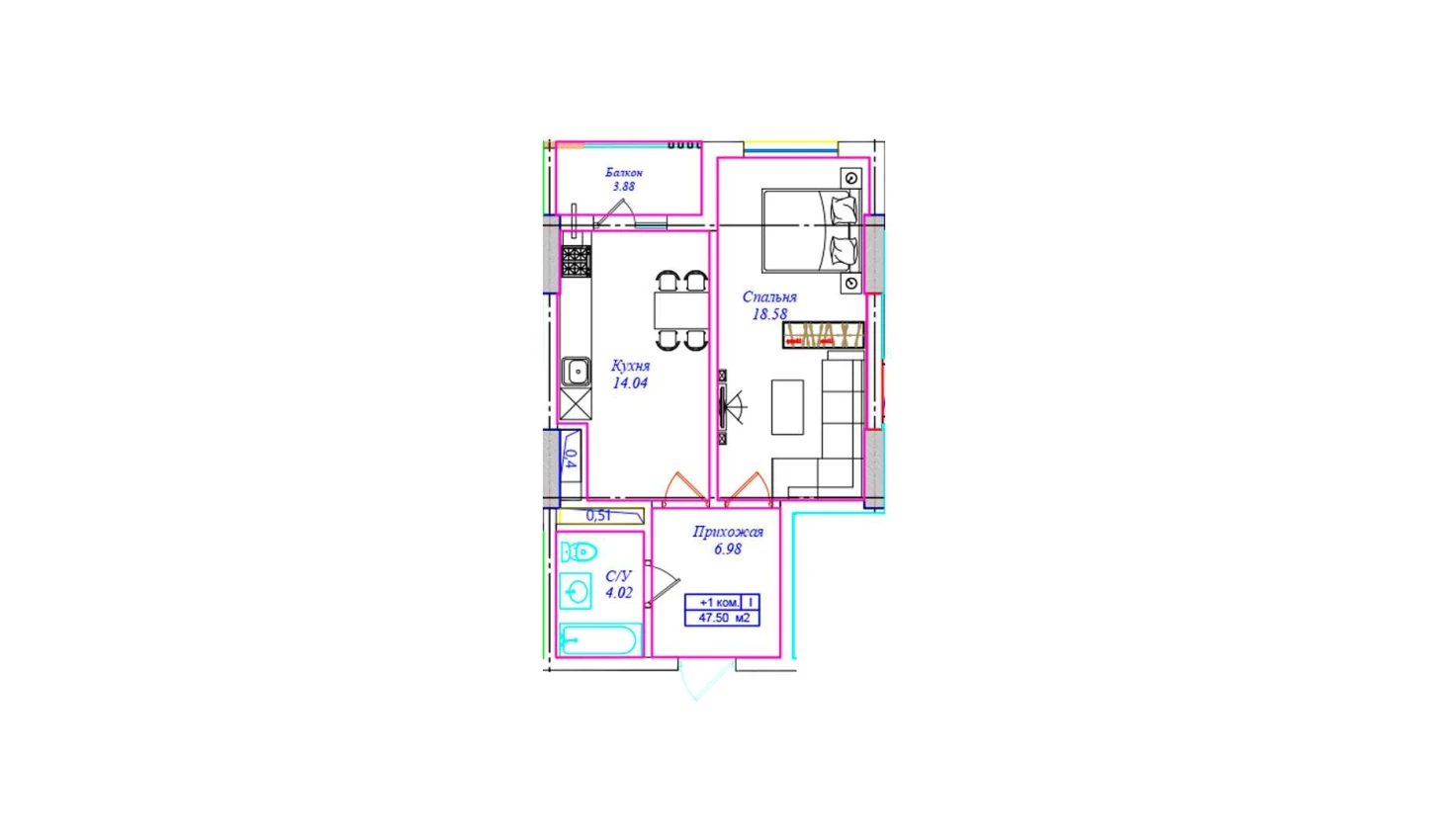 1-комнатная квартира 47.5 м²  3/3 этаж