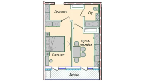 1-комнатная квартира 42.63 м²  8/8 этаж