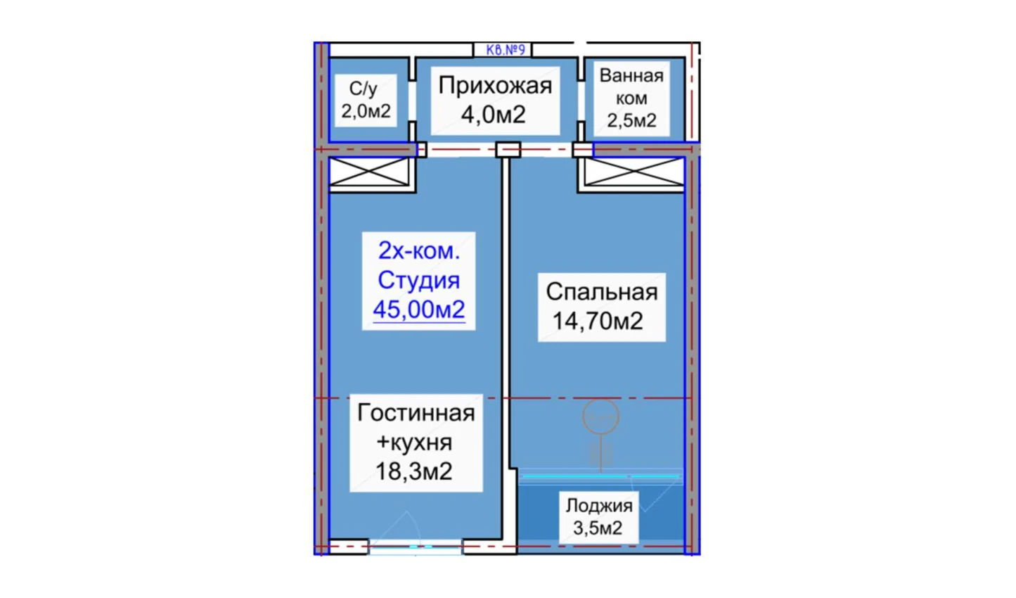 2-комнатная квартира 45 м²  9/9 этаж