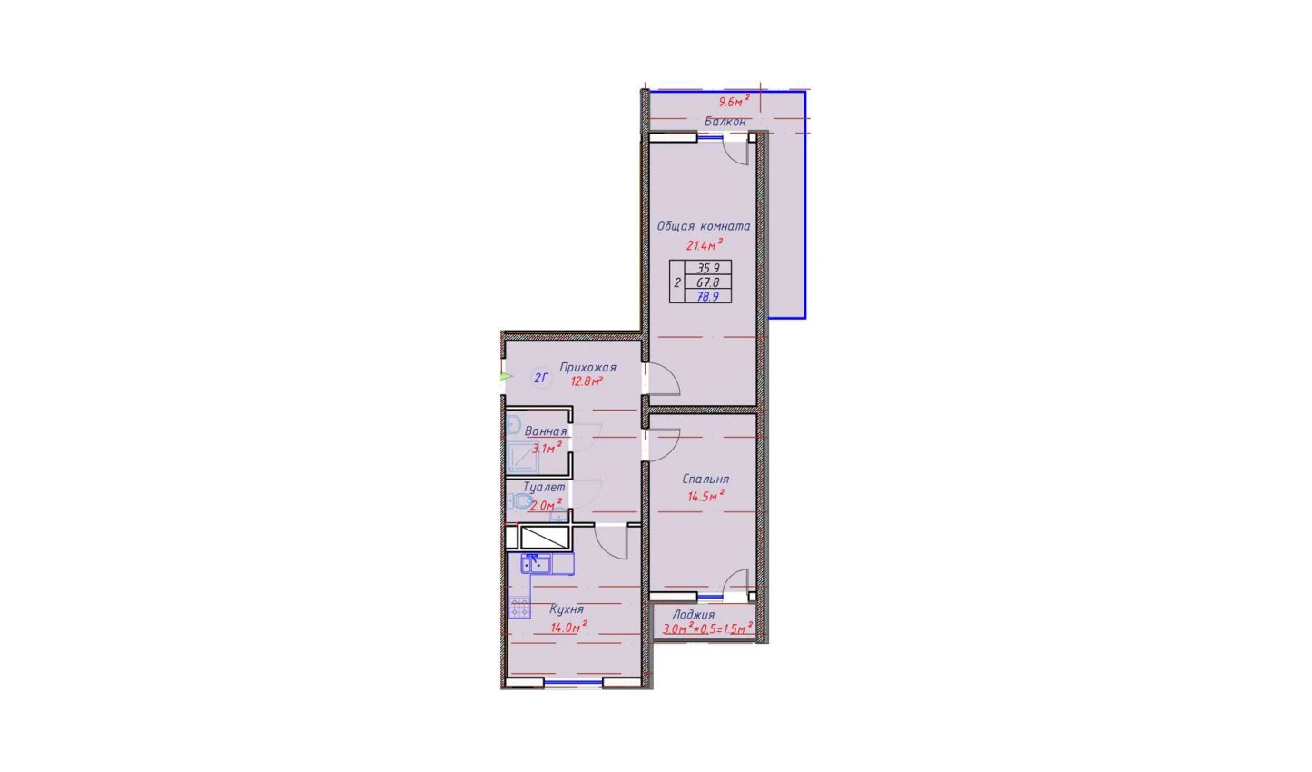 2-xonali xonadon 72.4 m²  8/16 qavat | TRINITY Turar-joy majmuasi