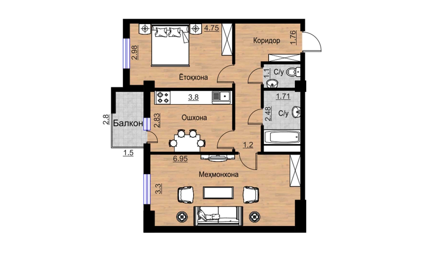 2-комнатная квартира 74.75 м²  12/12 этаж