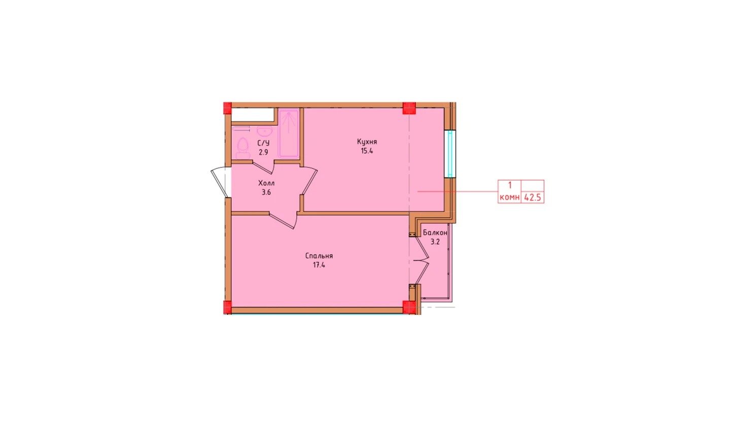 1-комнатная квартира 40.37 м²  2/2 этаж