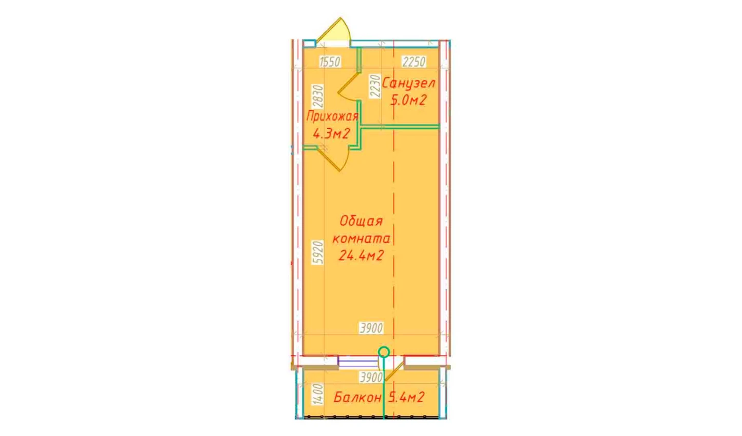 1-xonali xonadon 39.1 m²  5/16 qavat | DO'MBIROBOD RESIDENCE Turar-joy majmuasi