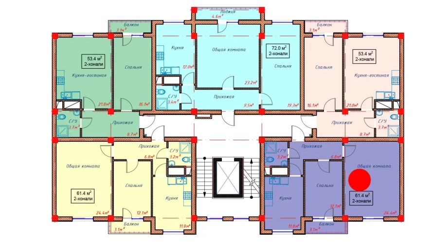 2-комнатная квартира 61.4 м²  9/9 этаж