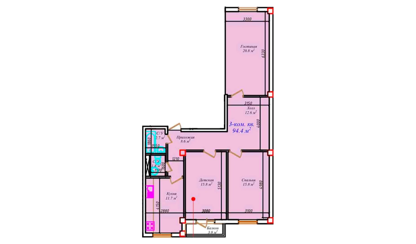 3-комнатная квартира 81.3 м²  4/4 этаж