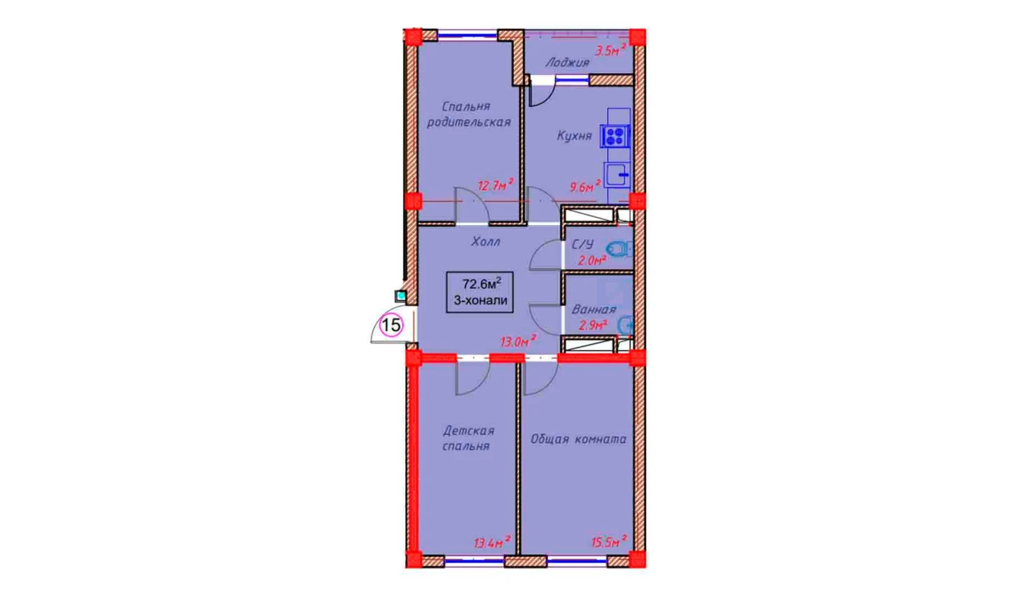 3-xonali xonadon 72.6 m²  9/9 qavat