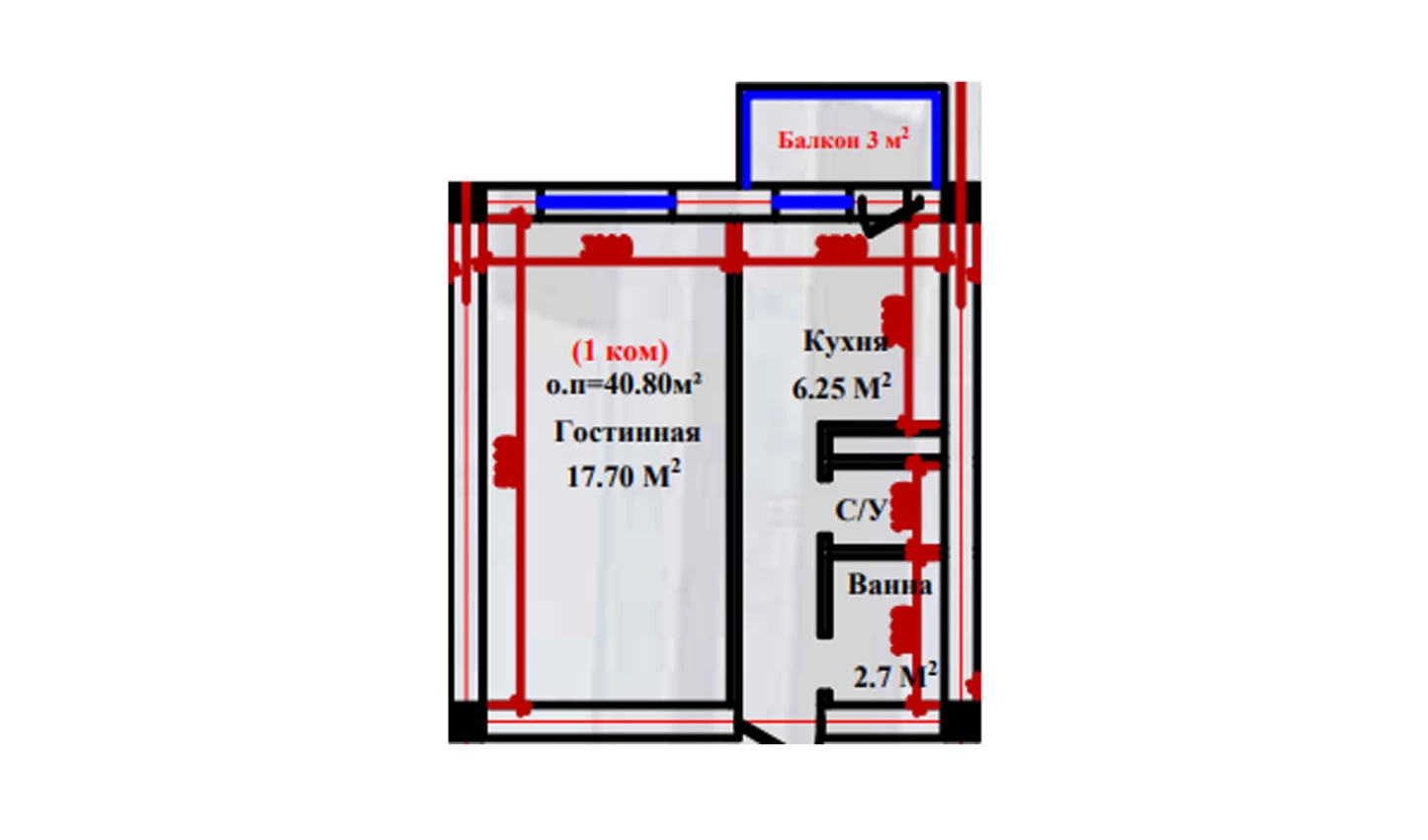 1-xonali xonadon 40.8 m²  1/1 qavat