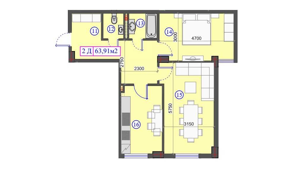 2-комнатная квартира 63.91 м²  1/1 этаж