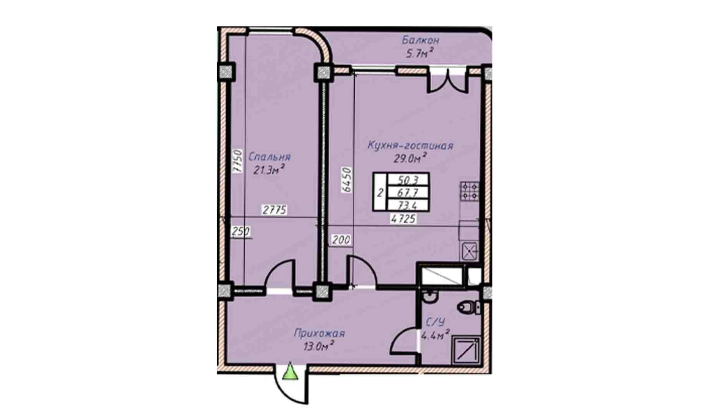 2-комнатная квартира 73.4 м²  16/16 этаж