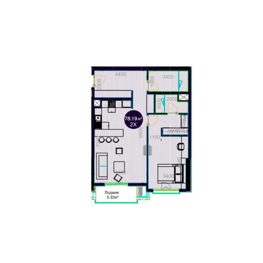 2-комнатная квартира 78.19 м²  17/17 этаж