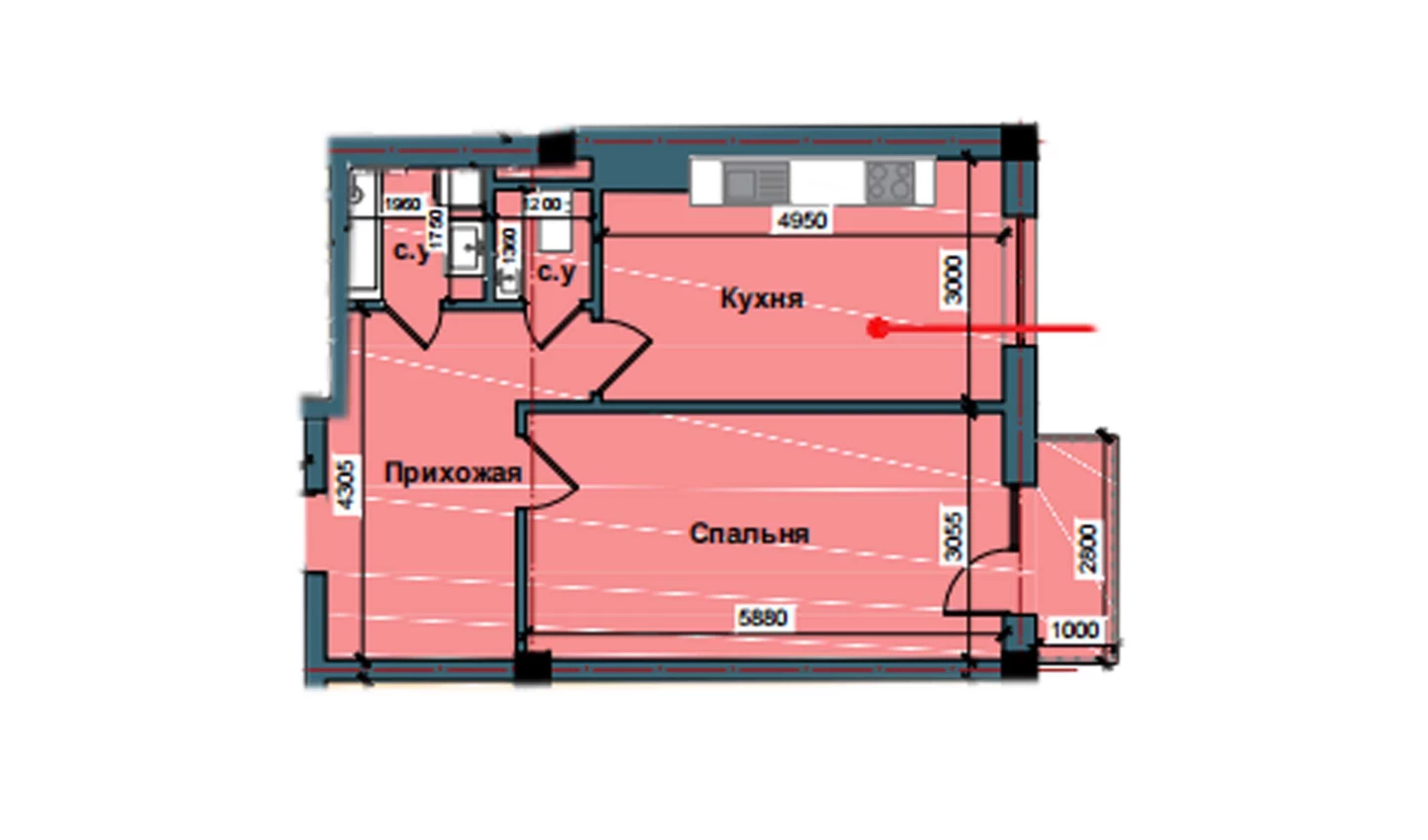 1-комнатная квартира 54.3 м²  8/8 этаж