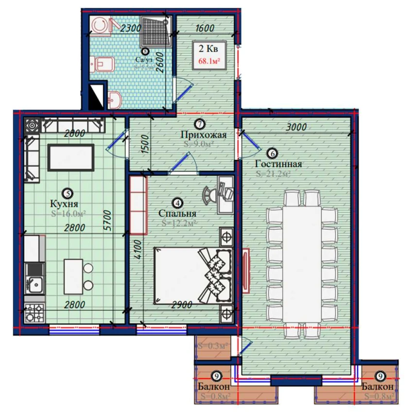 2-xonali xonadon 68.1 m²  8/8 qavat