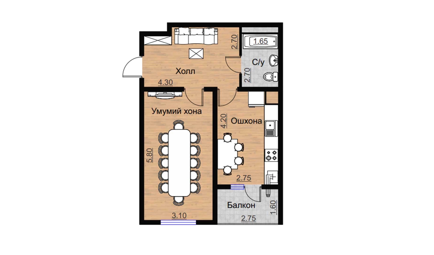 1-комнатная квартира 54.8 м²  15/15 этаж