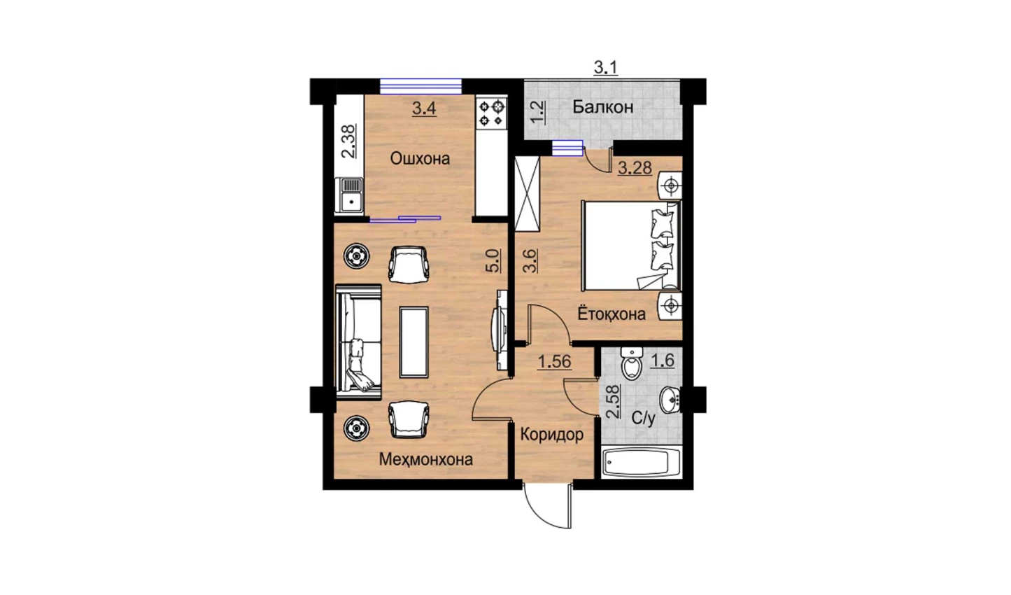 2-комнатная квартира 53.89 м²  12/12 этаж