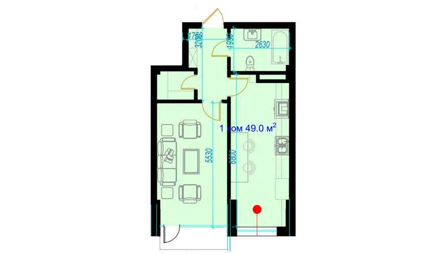 1-xonali xonadon 51.3 m²  2/9 qavat | Rohat Turar-joy majmuasi