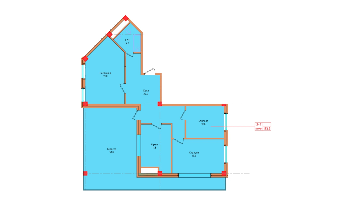 3-xonali xonadon 99.7 m²  8/8 qavat