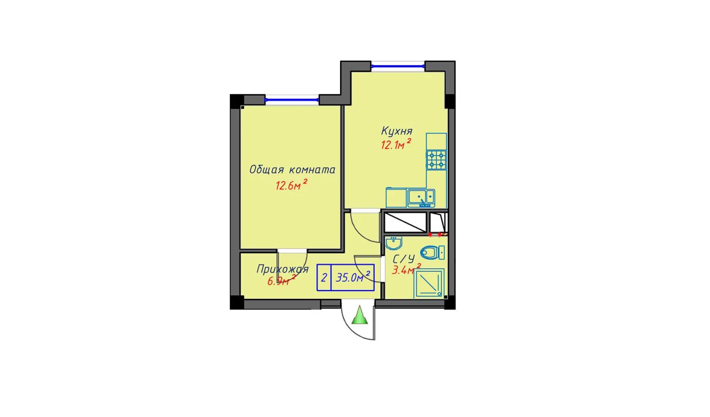 1-комнатная квартира 35 м²  0/0 этаж