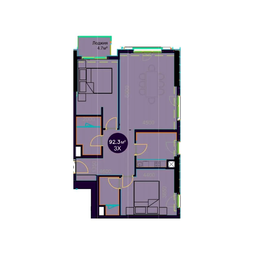 3-комнатная квартира 92.3 м²  8/8 этаж