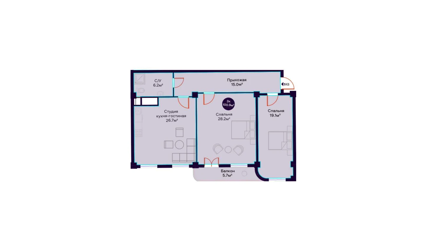 3-xonali xonadon 100.9 m²  12/12 qavat