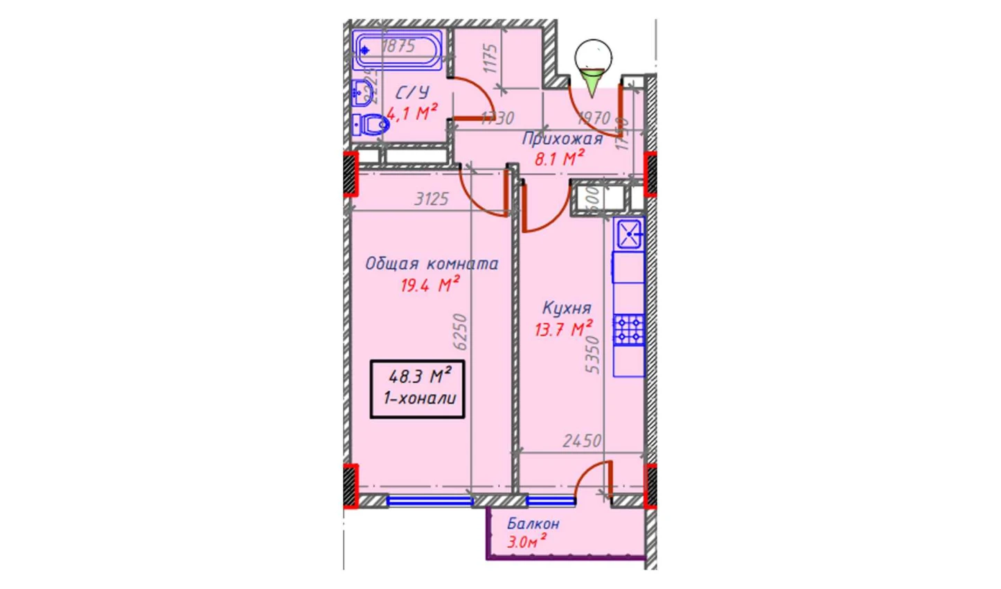 1-xonali xonadon 48.3 m²  14/14 qavat