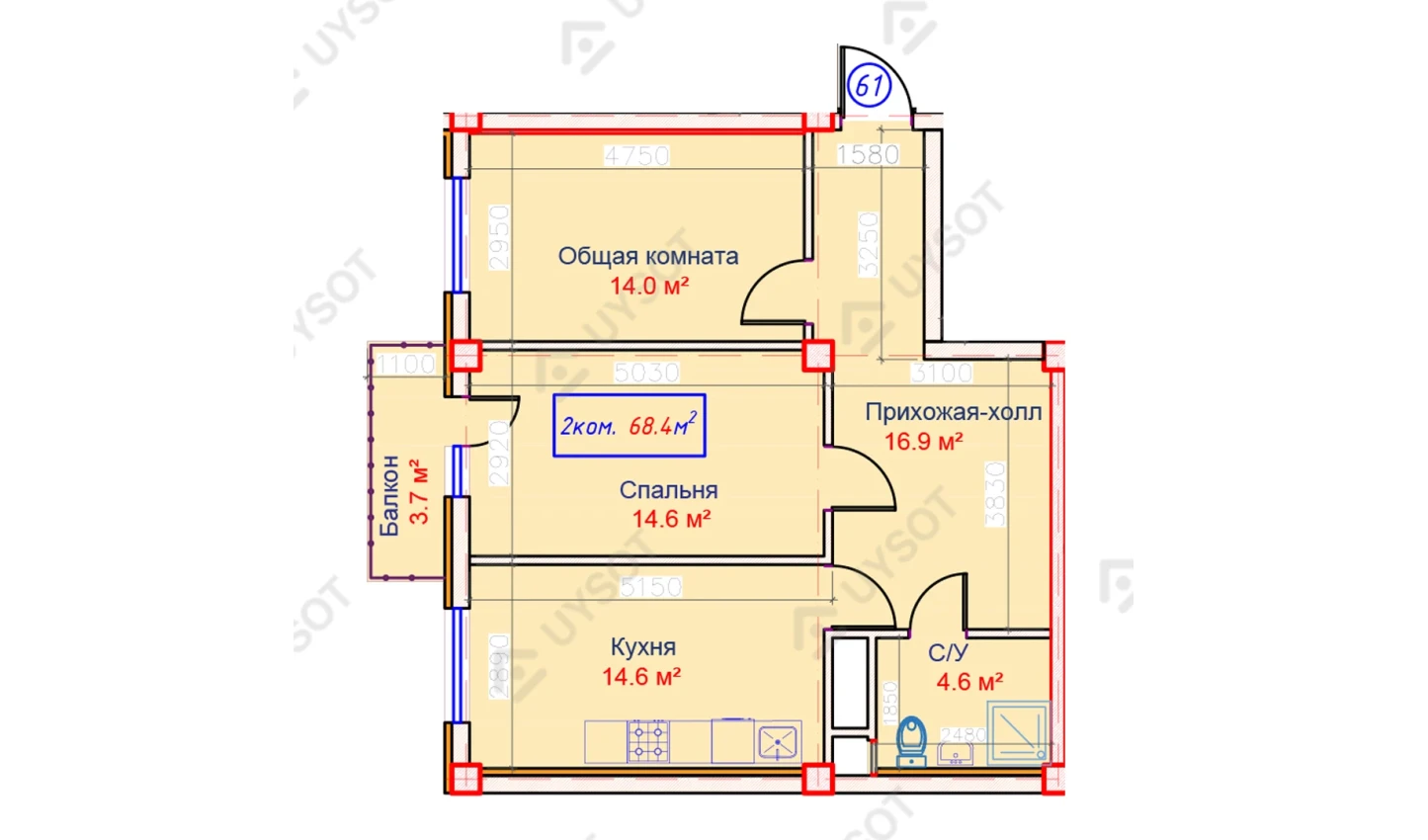 2-xonali xonadon 68.4 m²  8/8 qavat