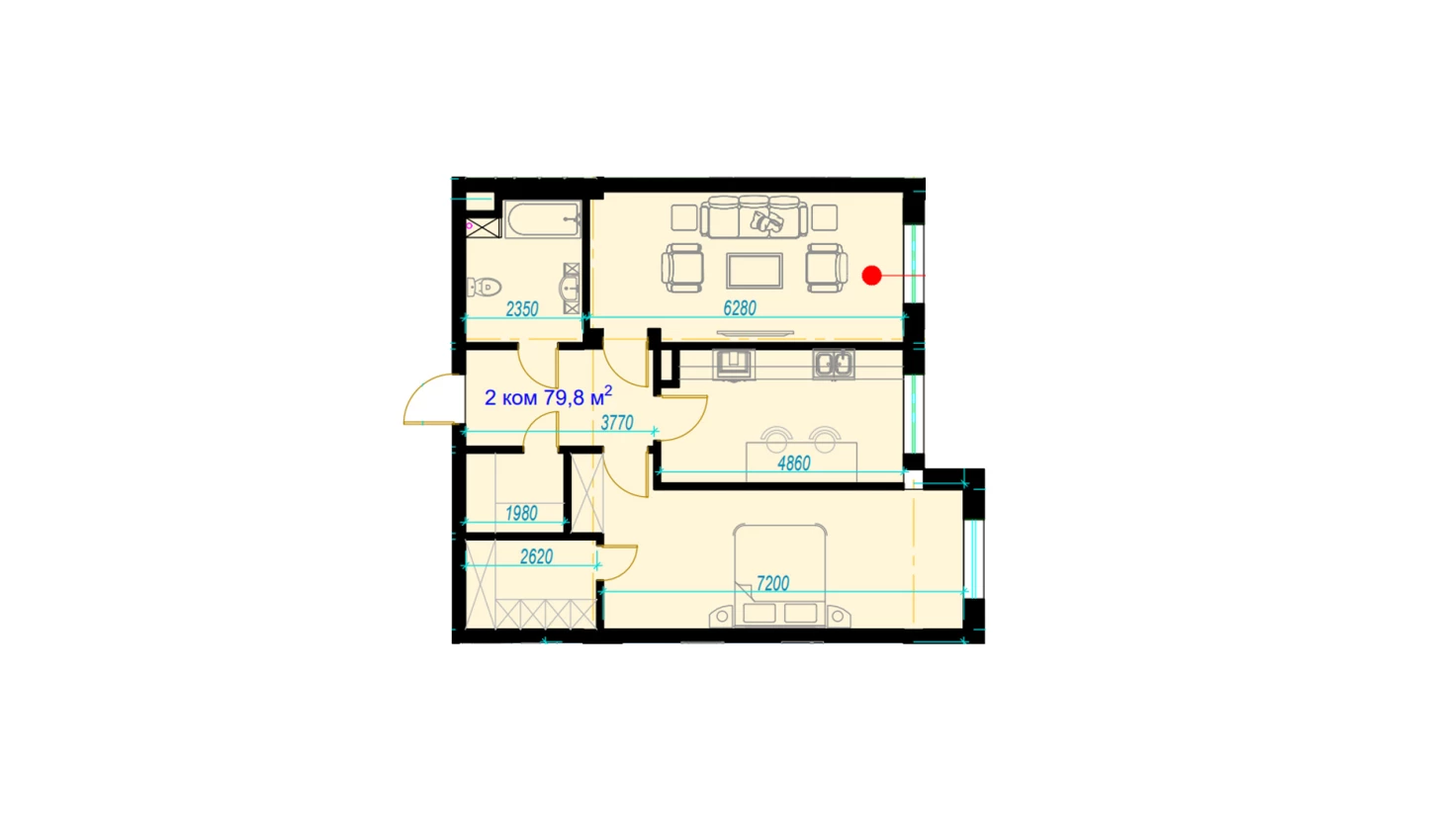 2-комнатная квартира 79.8 м²  2/2 этаж