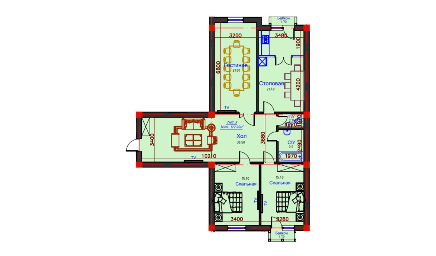 3-комнатная квартира 122 м²  2/2 этаж