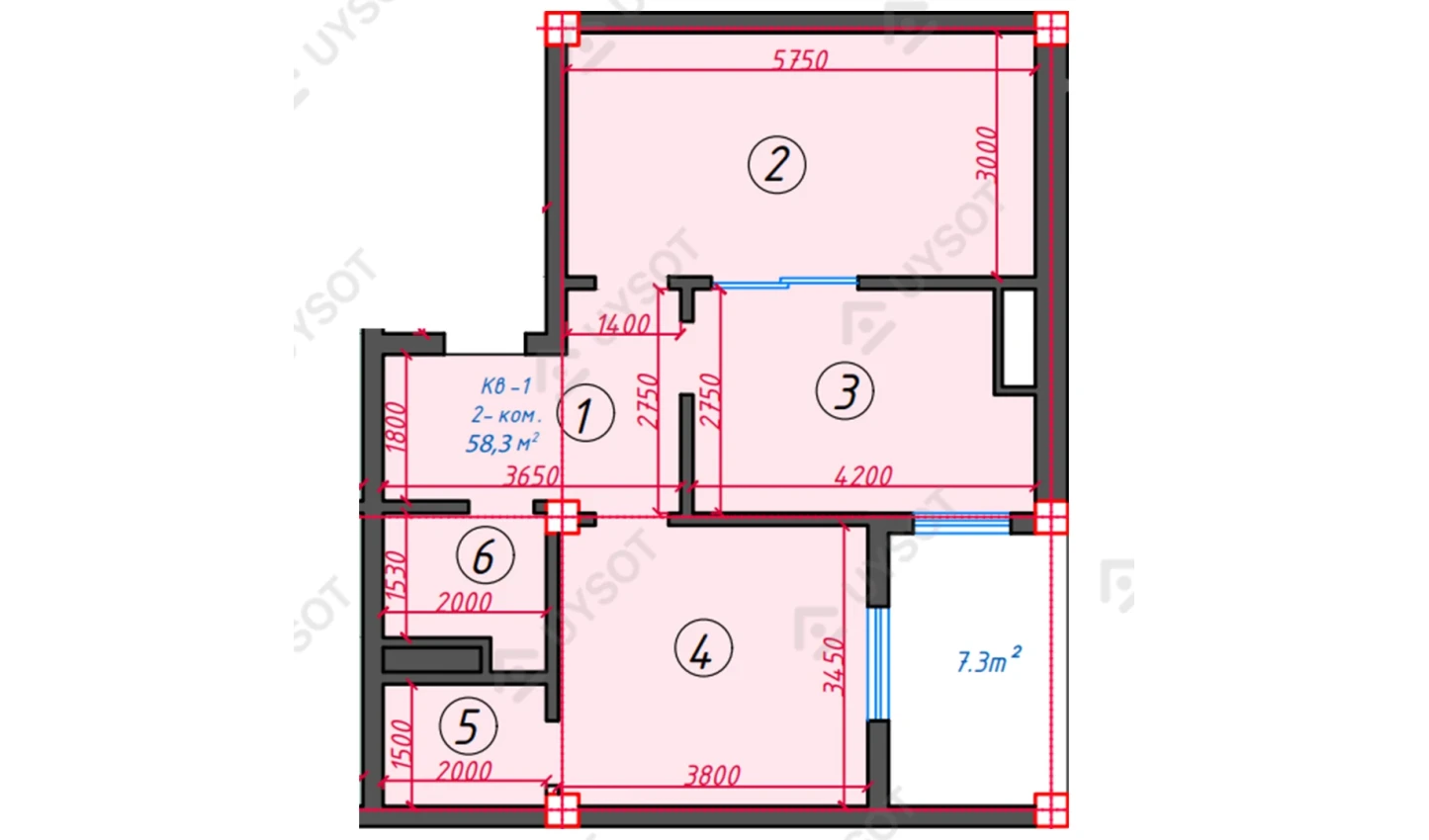 2-комнатная квартира 58.2 м²  3/3 этаж