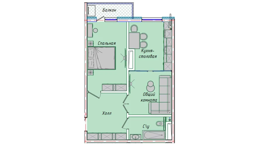 2-комнатная квартира 50.85 м²  16/16 этаж