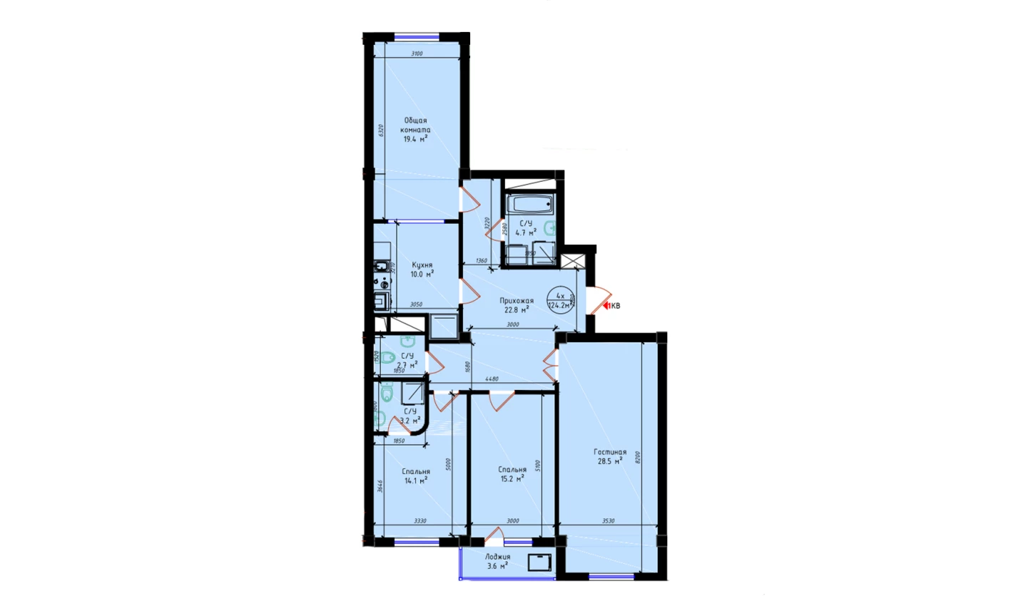 4-xonali xonadon 124.2 m²  3/3 qavat