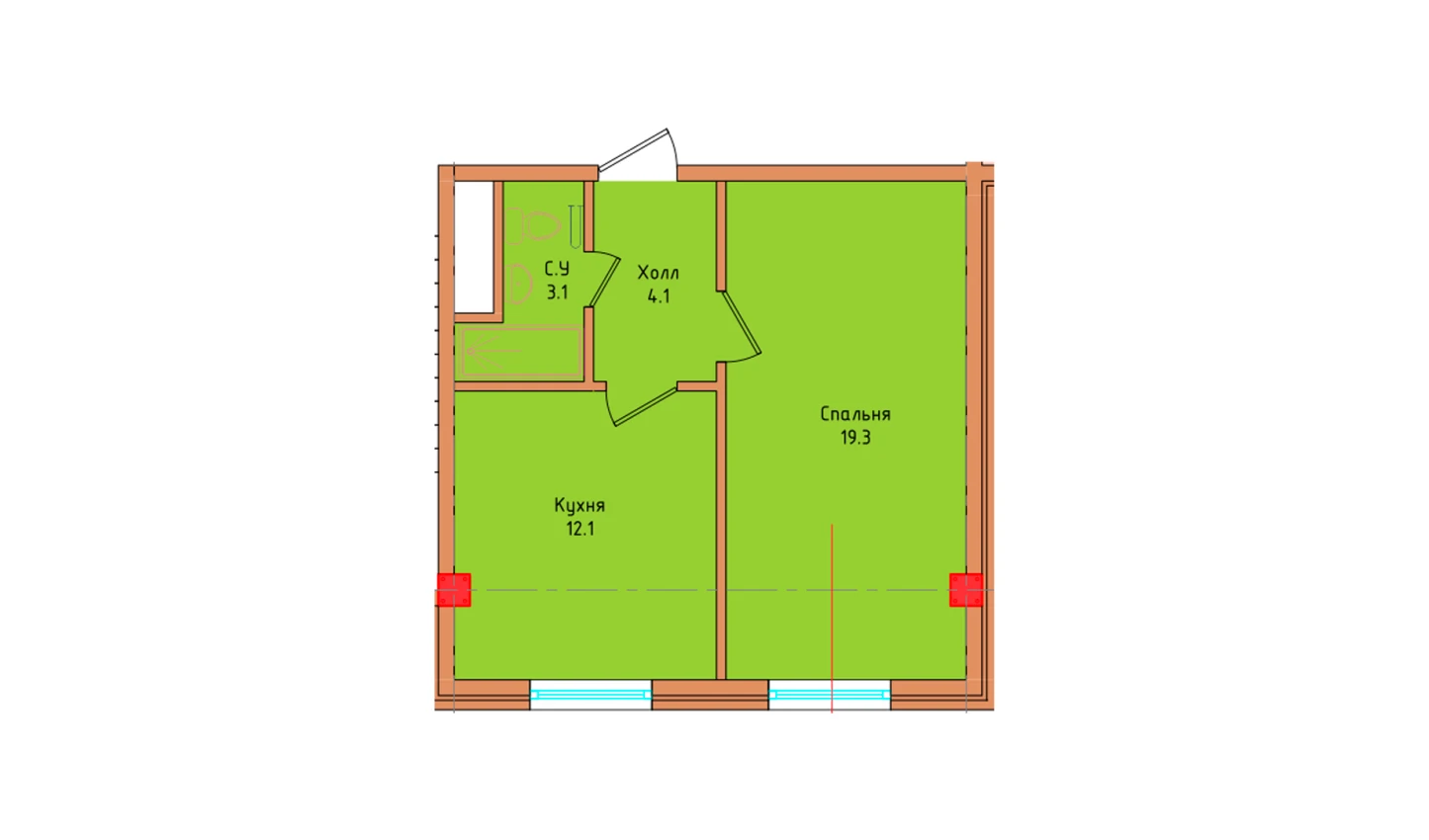 1-комнатная квартира 38.6 м²  8/8 этаж