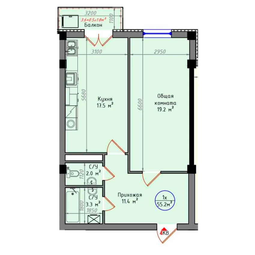 1-комнатная квартира 55.2 м²  9/9 этаж