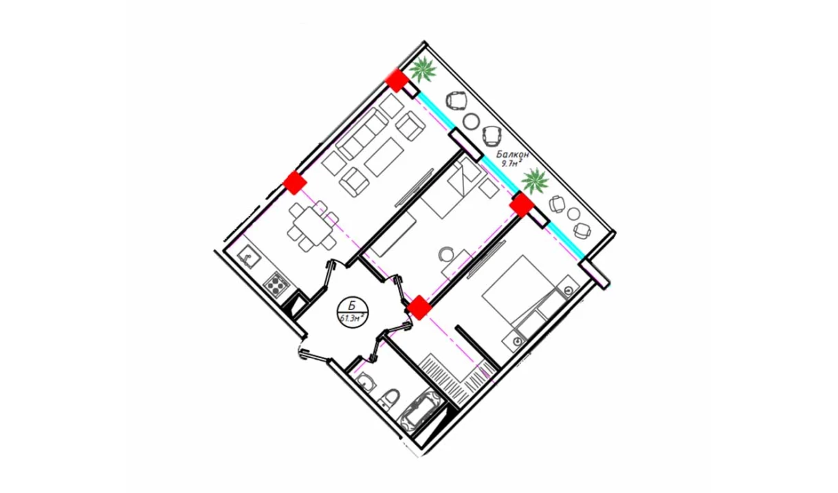 2-комнатная квартира 61.3 м²  22/22 этаж