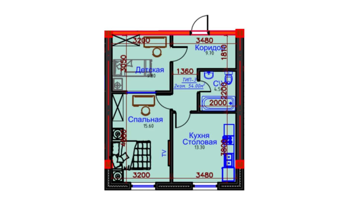 2-комнатная квартира 54 м²  8/8 этаж