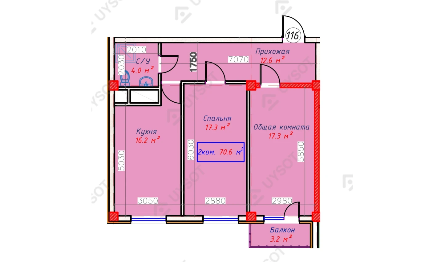 2-комнатная квартира 70.6 м²  3/3 этаж