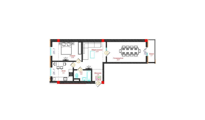 2-xonali xonadon 69.9 m²  6/12 qavat | CHINARA PARK Turar-joy majmuasi