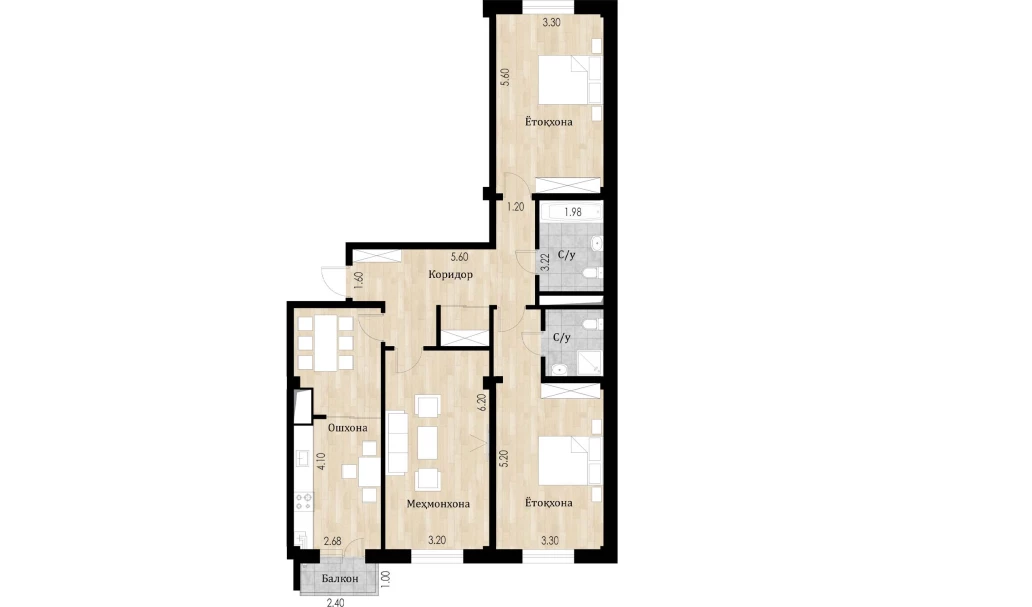 3-комнатная квартира 107.42 м²  9/9 этаж