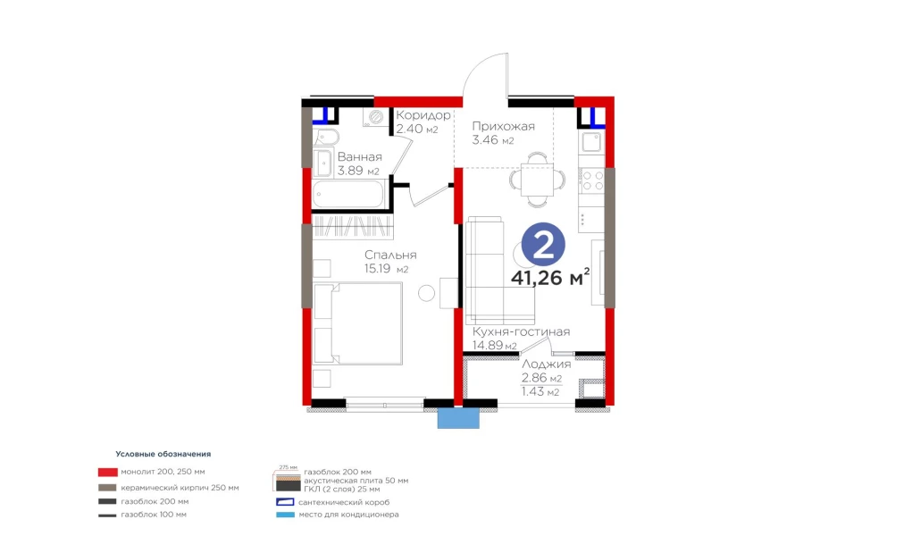 2-комнатная квартира 41.26 м²  5/5 этаж